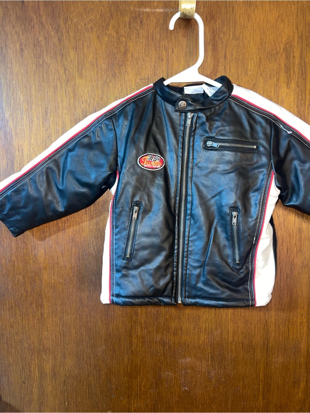 Kids Black Faux Leather Moto Jacket with White & Red Trim